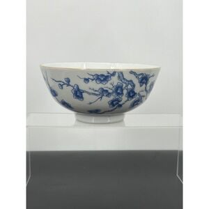 Vintage Blue White Porcelain Cherry Blossom Butterfly Bowl Gold Rim Footed 6in
